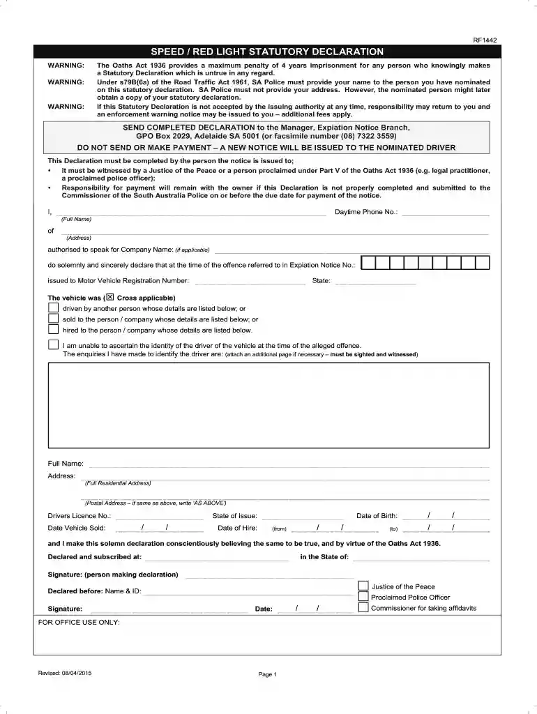 statutory declaration for speeding fine Preview on Page 1