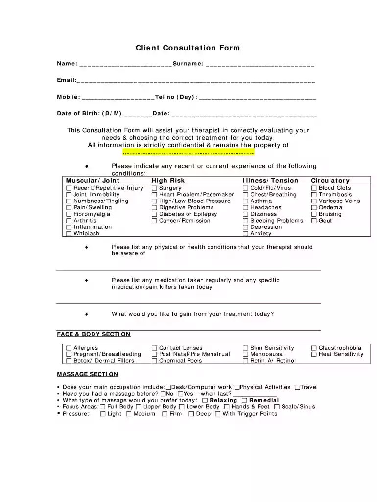 spa consultation form Preview on Page 1