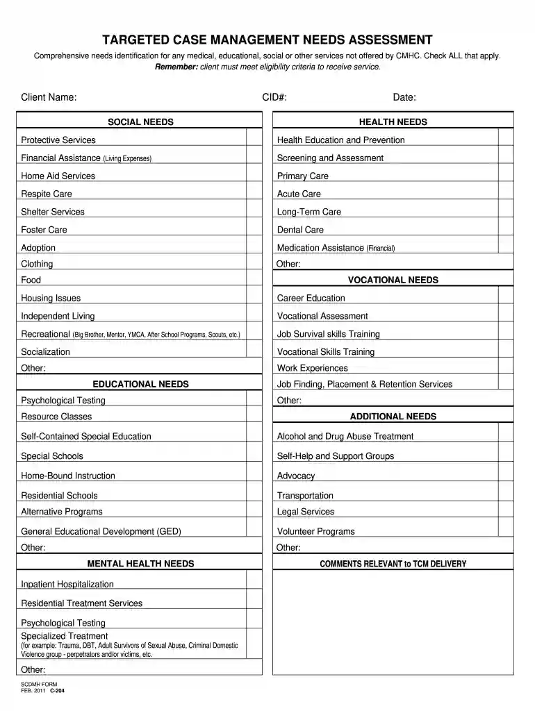 case management needs assessment template Preview on Page 1