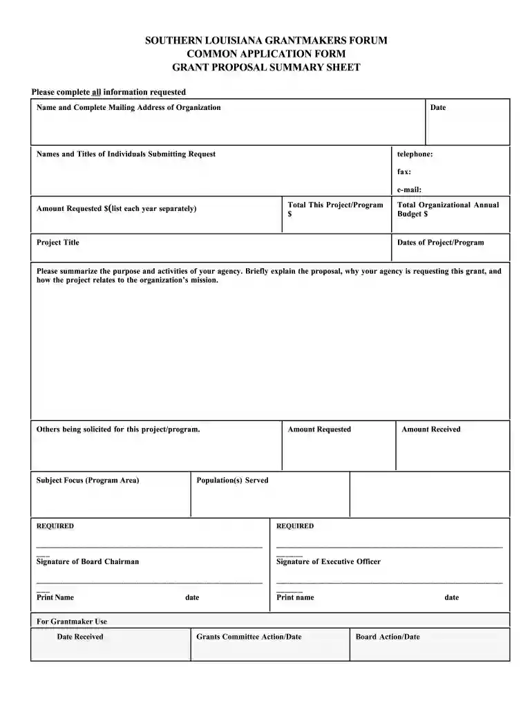 southern louisiana common application grant proposal summary sheet Preview on Page 1
