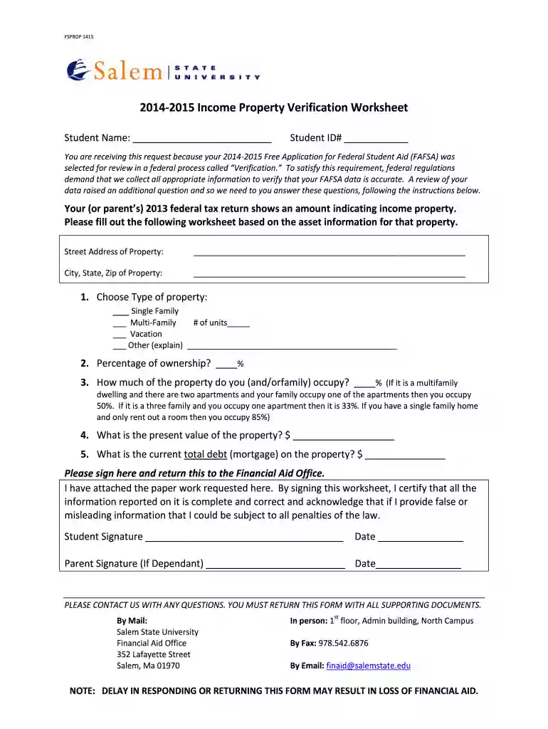 2014-2015 Income Property Verification - Salem State University Preview on Page 1