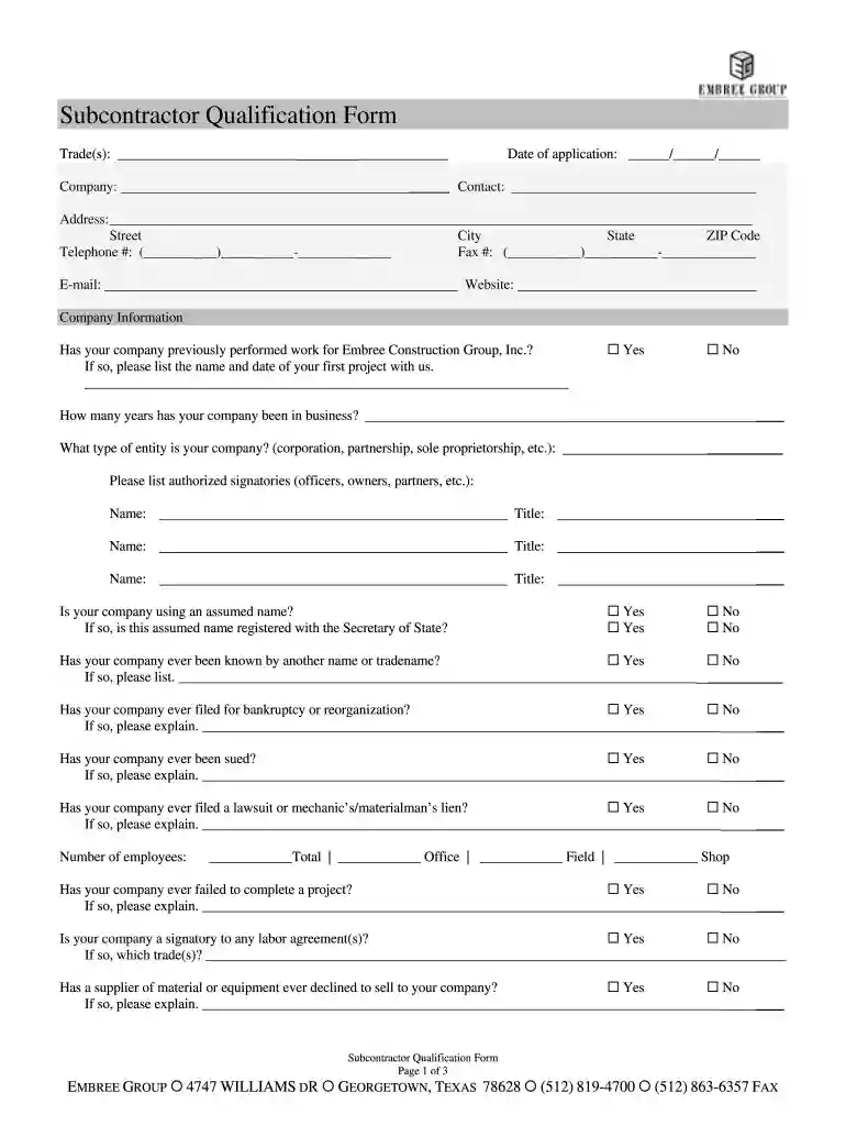 Subcontractor Qualification Form1 - Embree Group Preview on Page 1