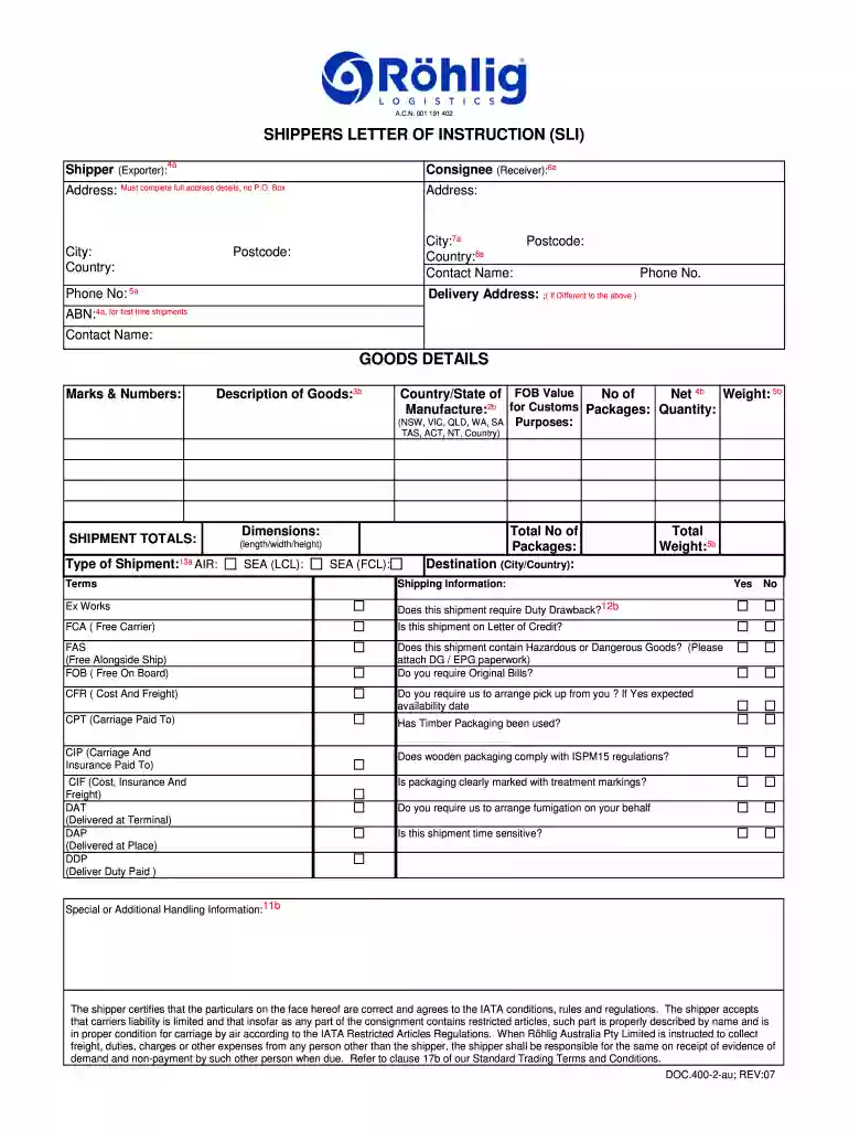 Shippers Letter of Instruction - Rhlig Logistics Preview on Page 1