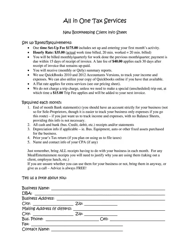 new bookkeeping client intake form pdf Preview on Page 1