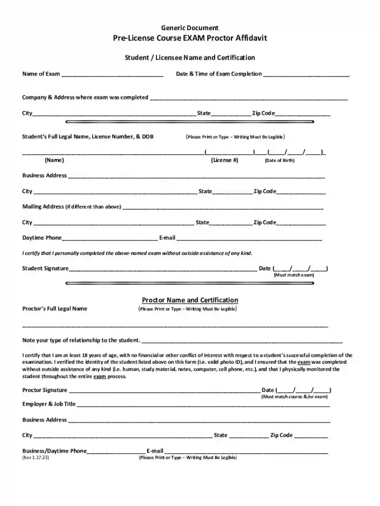 CE Course and or Exam Proctor Affidavit Preview on Page 1