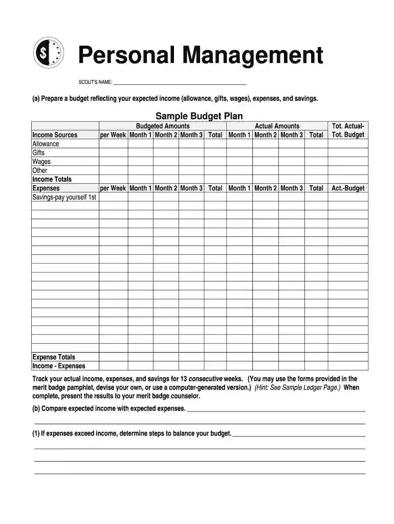 personal management merit badge worksheet Preview on Page 1