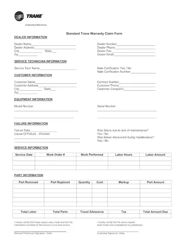 trane warranty claim form Preview on Page 1