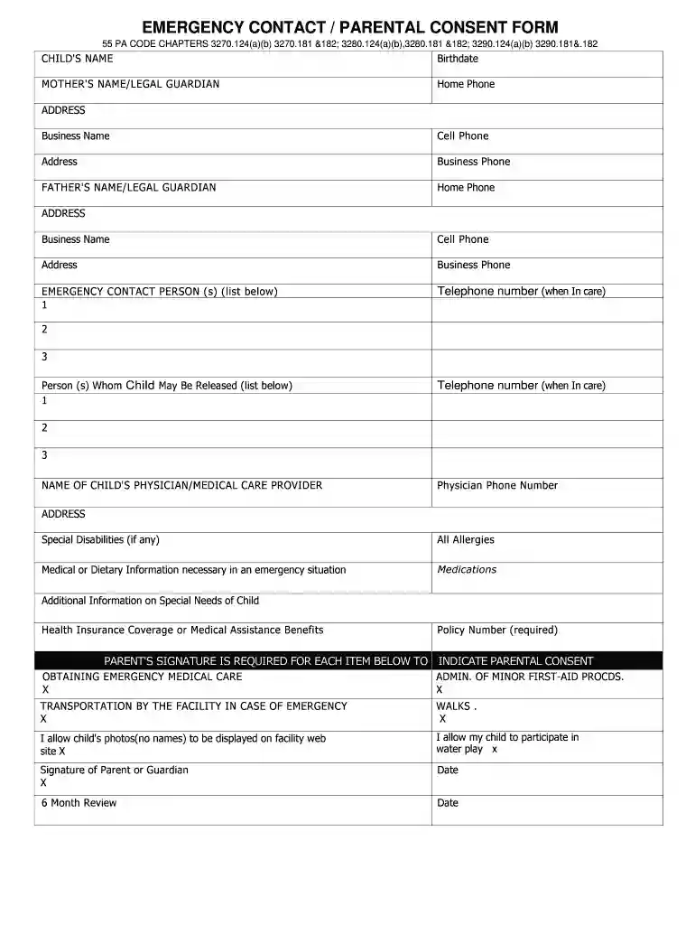 EMERGENCY CONTACT PARENTAL CONSENT FORM 55 PA CODE CHAPTERS 3270 Preview on Page 1