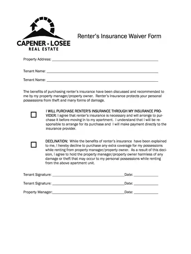 renters insurance waiver form Preview on Page 1
