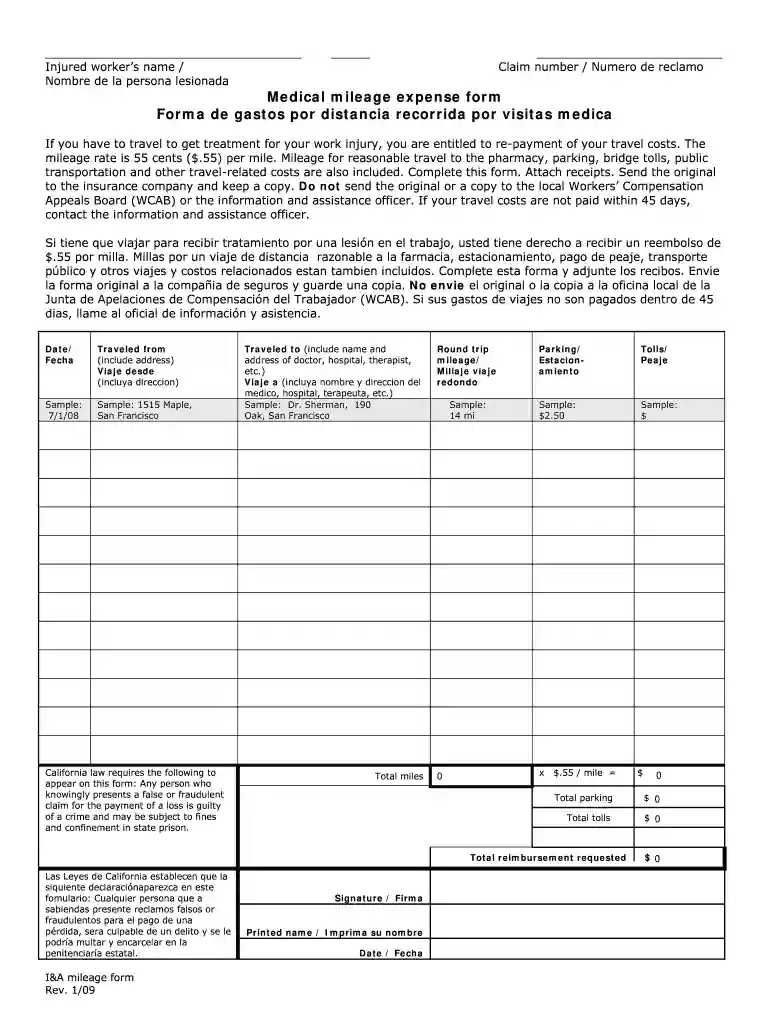 i&a mileage form 2009 Preview on Page 1