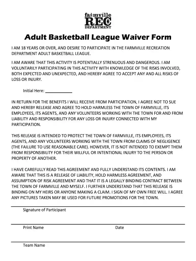 youth basketball waiver form template Preview on Page 1