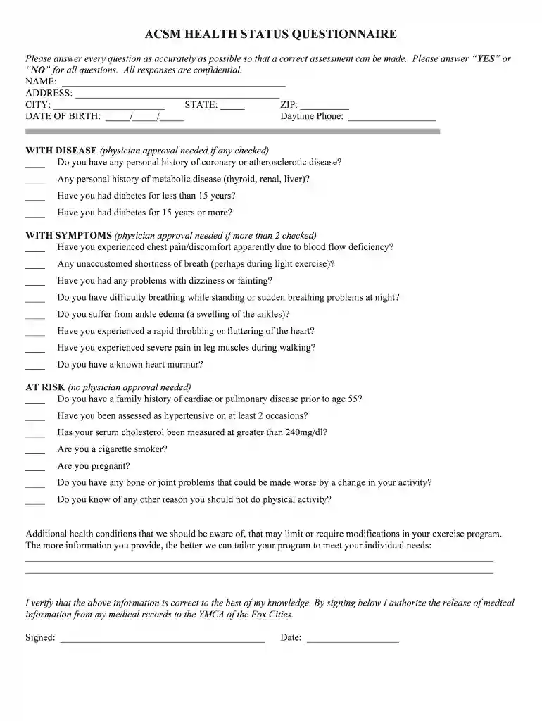 ACSM HEALTH STATUS QUESTIONNAIRE - YMCA of the Fox Cities Preview on Page 1