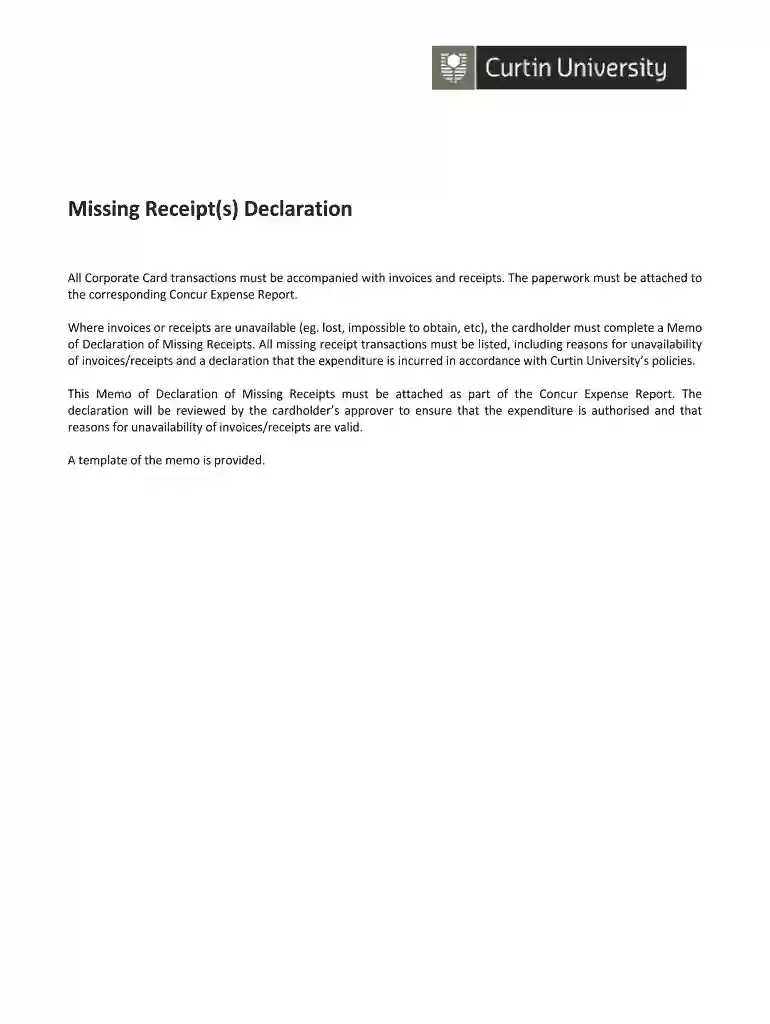 missing receipt declaration template Preview on Page 1