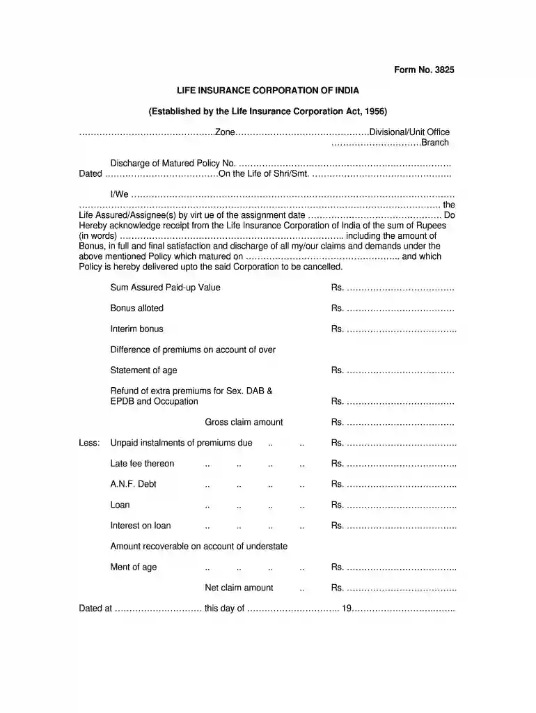 lic form 3825 Preview on Page 1