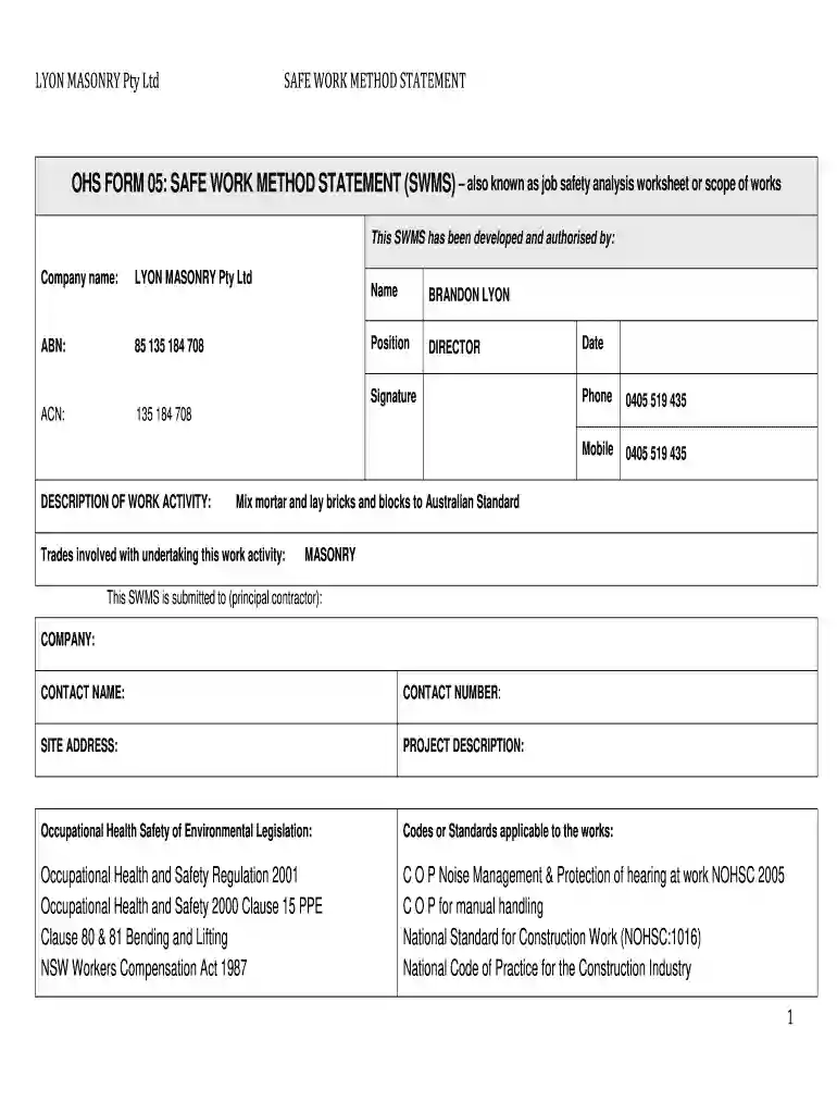 swms template nsw Preview on Page 1