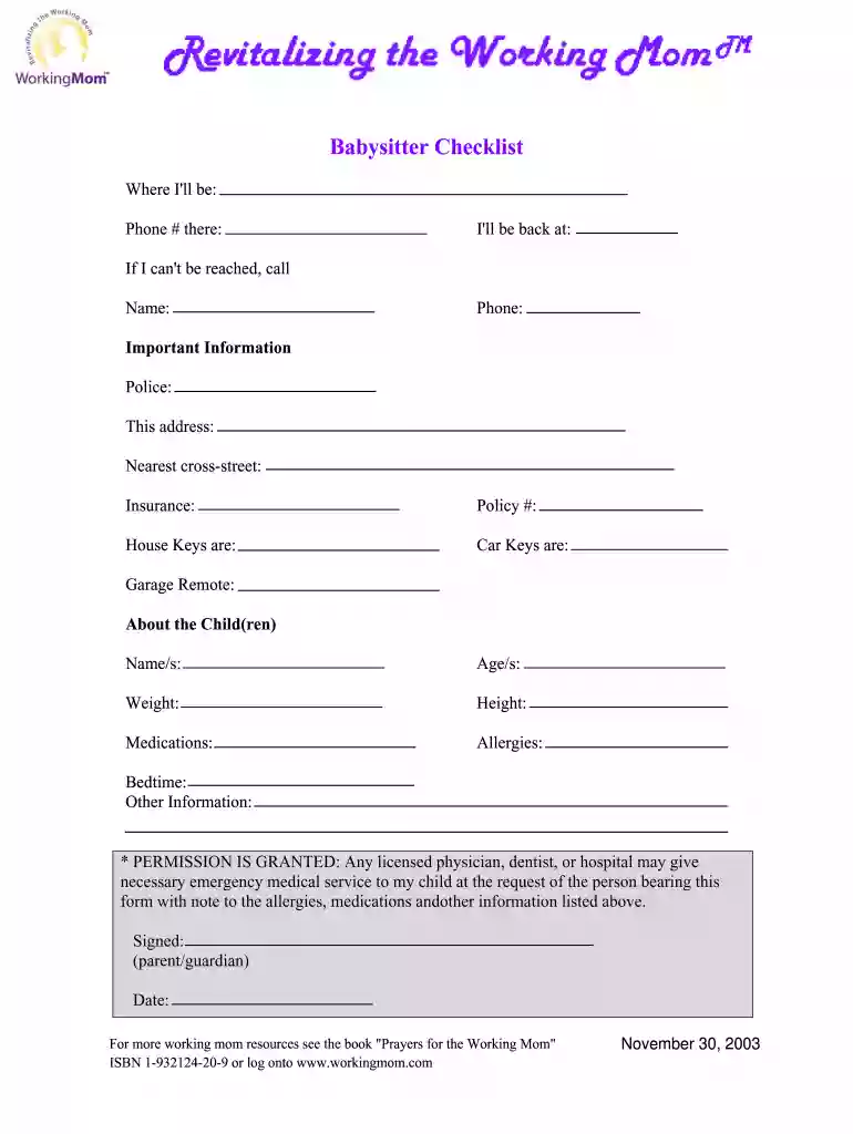 babysitter checklist printable Preview on Page 1