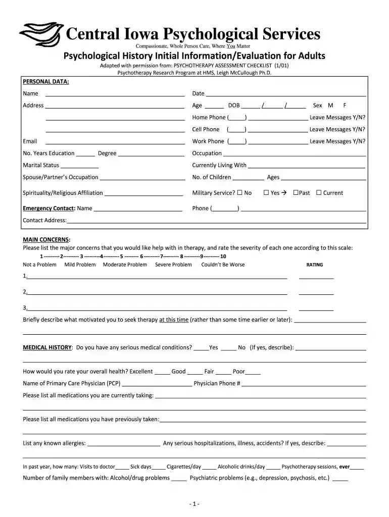 psychology initial assessment template Preview on Page 1
