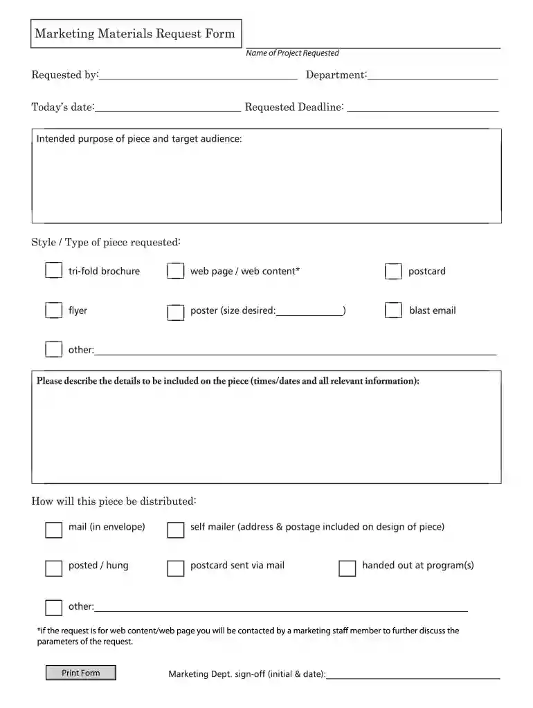 marketing material request form Preview on Page 1