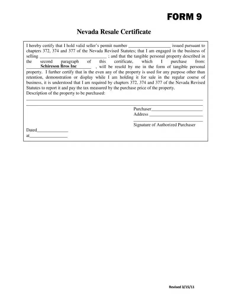 nevada resale certificate Preview on Page 1