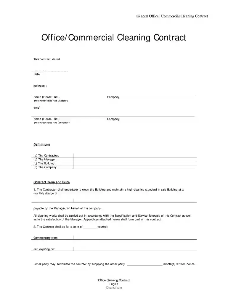 free printable cleaning contract template word Preview on Page 1
