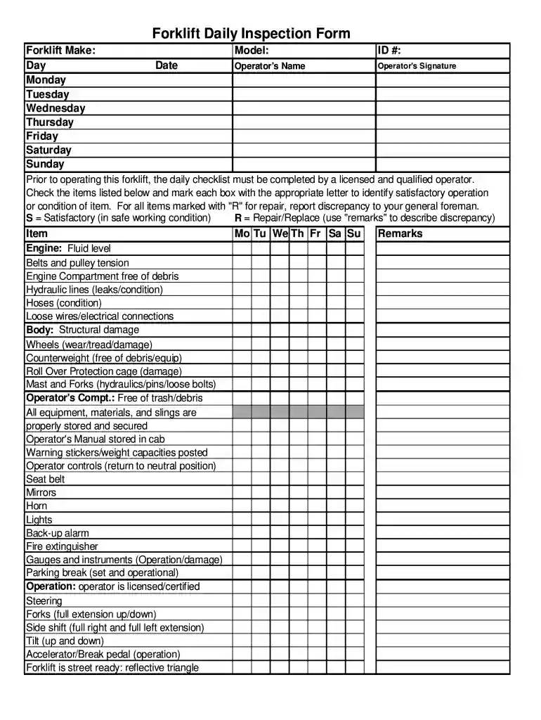 forklift inspection checklist pdf Preview on Page 1