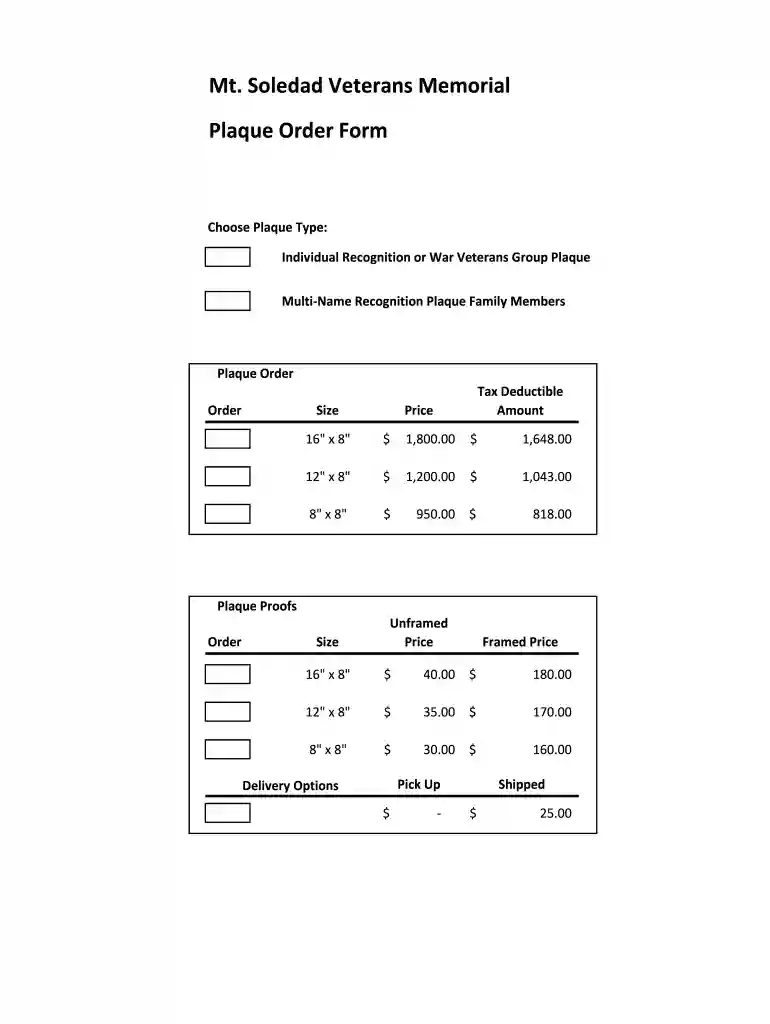 Mt Soledad Veterans Memorial Plaque Order Form Preview on Page 1