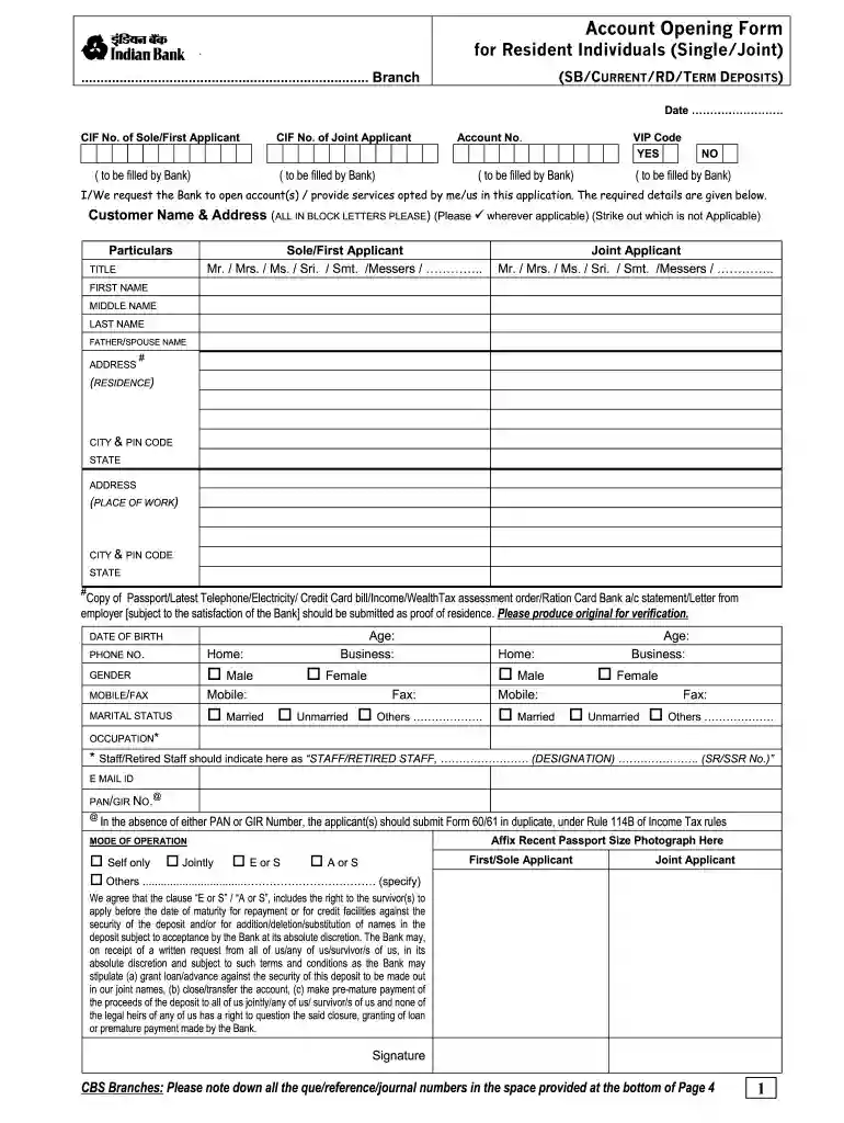 indian bank new account opening form Preview on Page 1