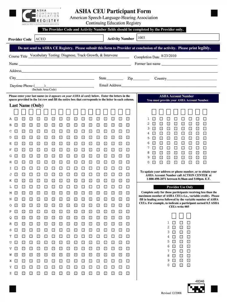 ASHA CEU Participant Form - Speech and Language Preview on Page 1