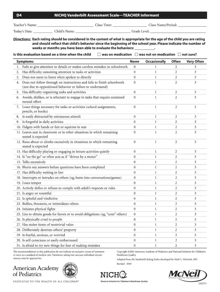 NICHQ Vanderbilt Assessment Scale Teacher Informant Preview on Page 1