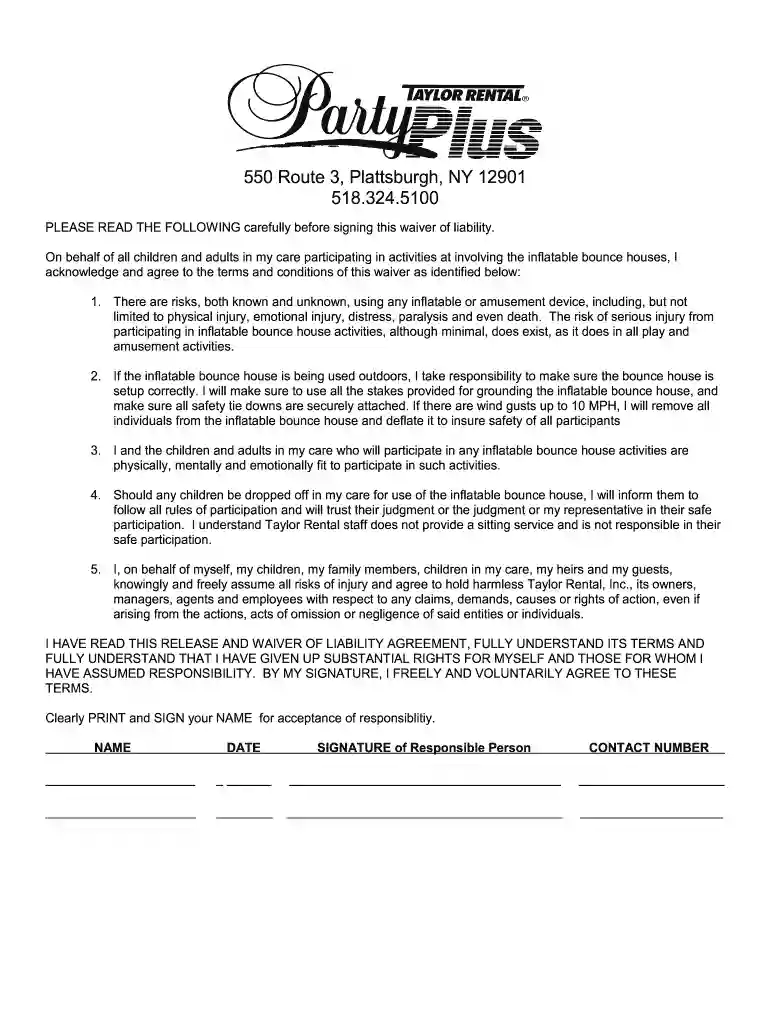 taylor rental party waiver Preview on Page 1