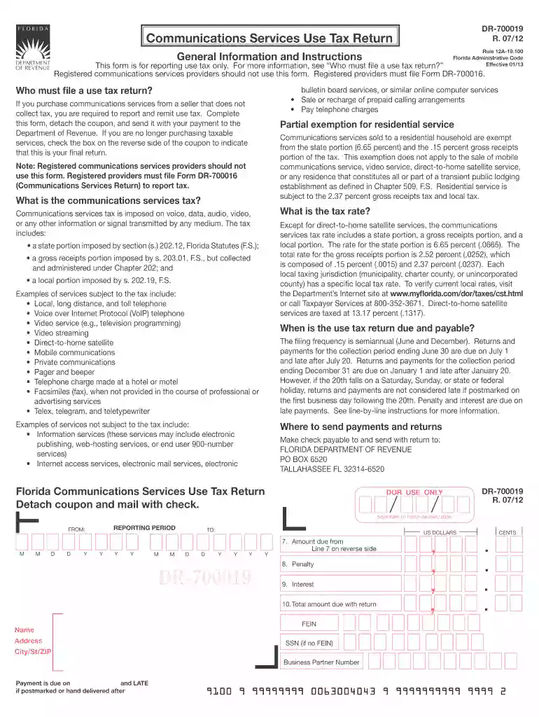 DR-700019 Communications Services Use Tax Return R0712 Preview on Page 1