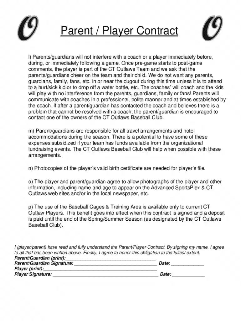 travel baseball contract Preview on Page 1