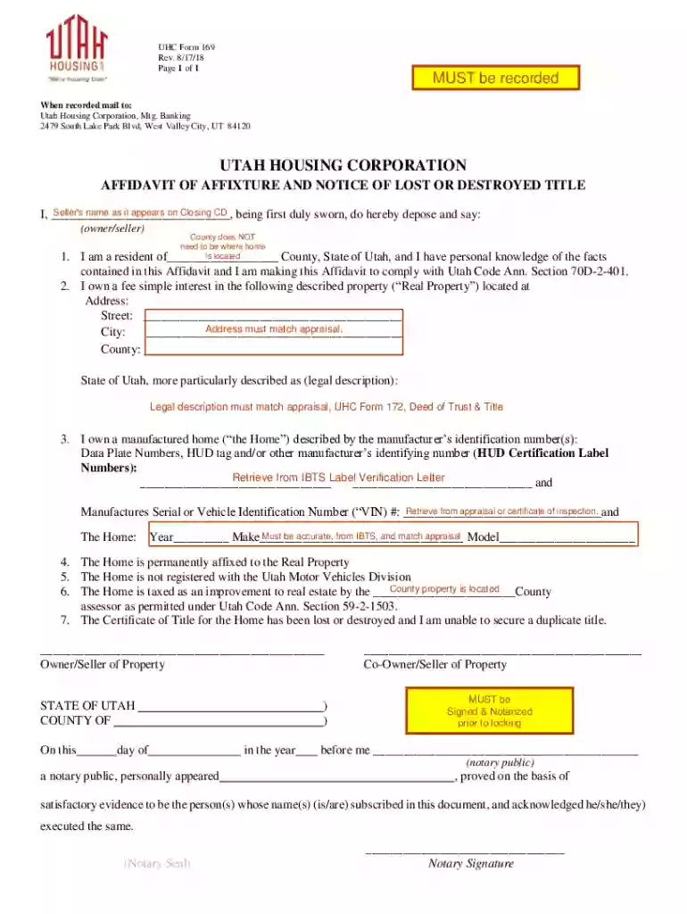 Affidavit of Affixture and Notice of bLostb or Destroyed bTitleb Preview on Page 1