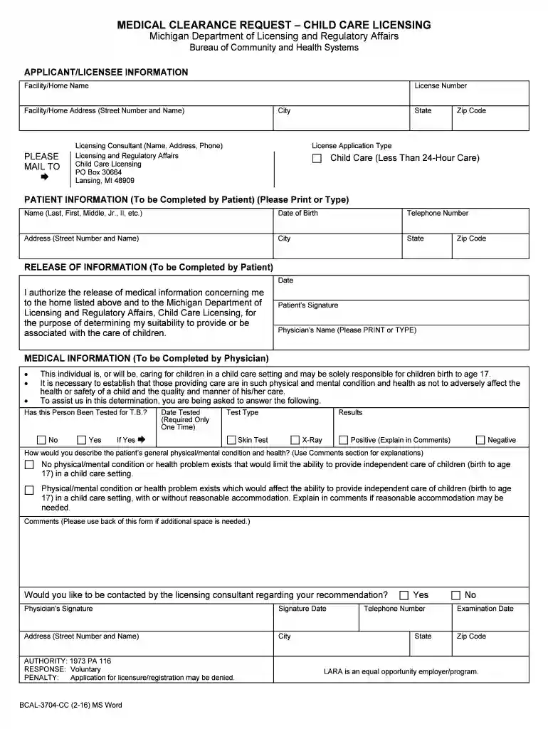 MEDICAL CLEARANCE REQUEST CHILD CARE LICENSING Preview on Page 1