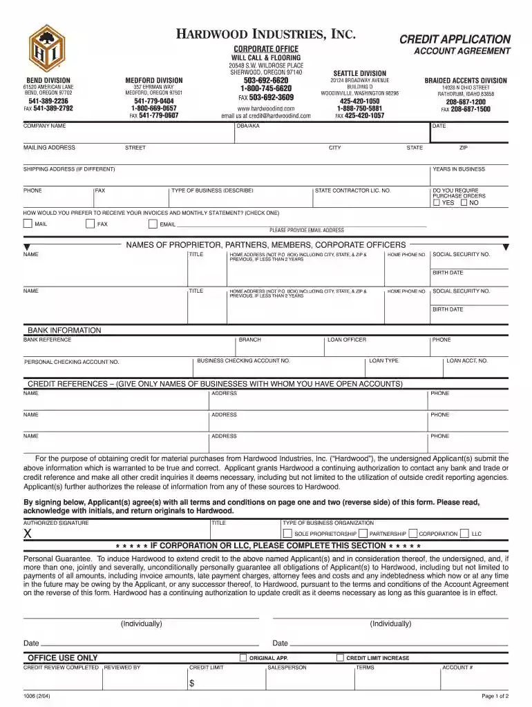 credit application form Preview on Page 1