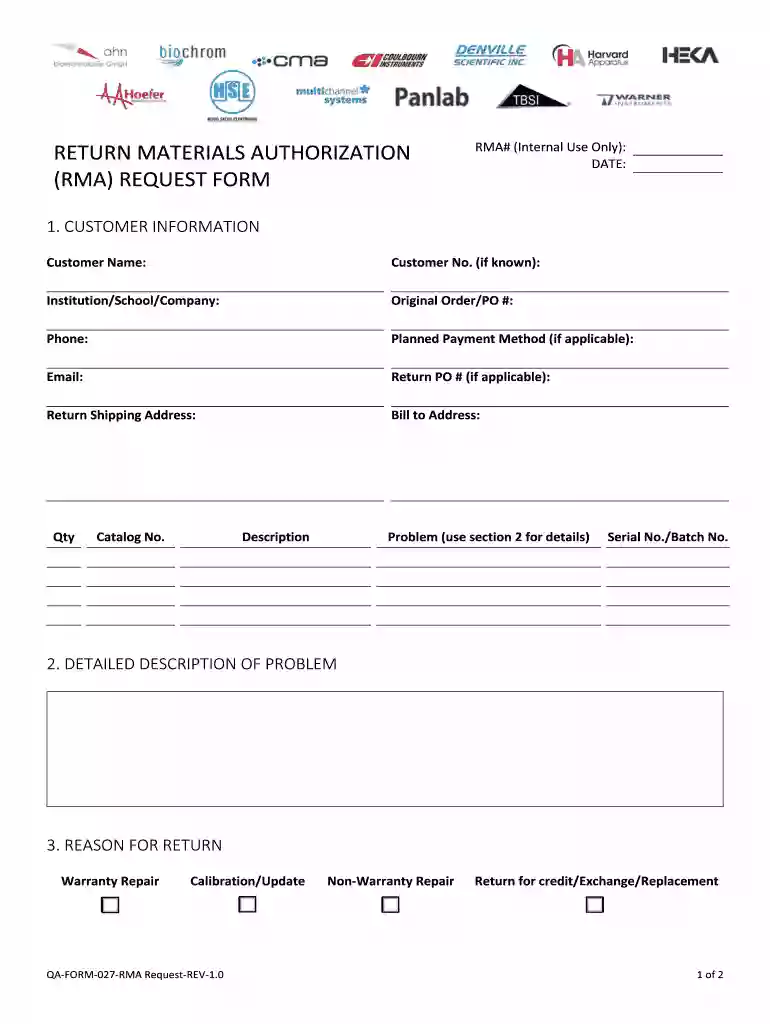 Return materials authorization rma request bformb - Harvard Apparatus Preview on Page 1