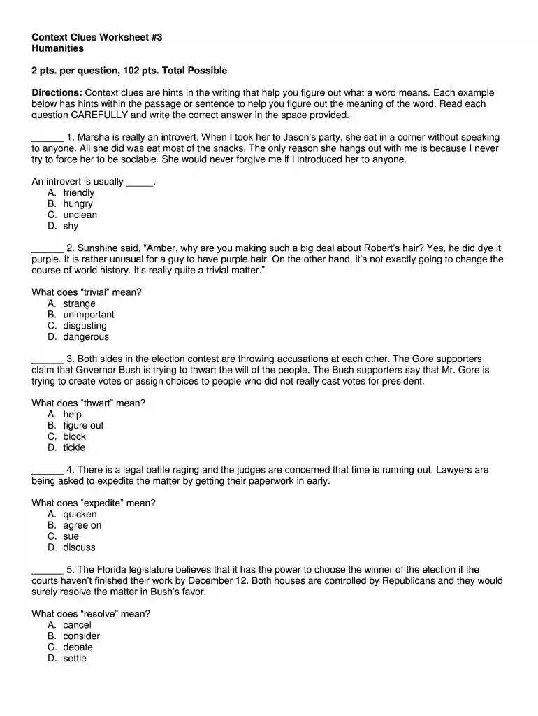 context clues examples with answers Preview on Page 1
