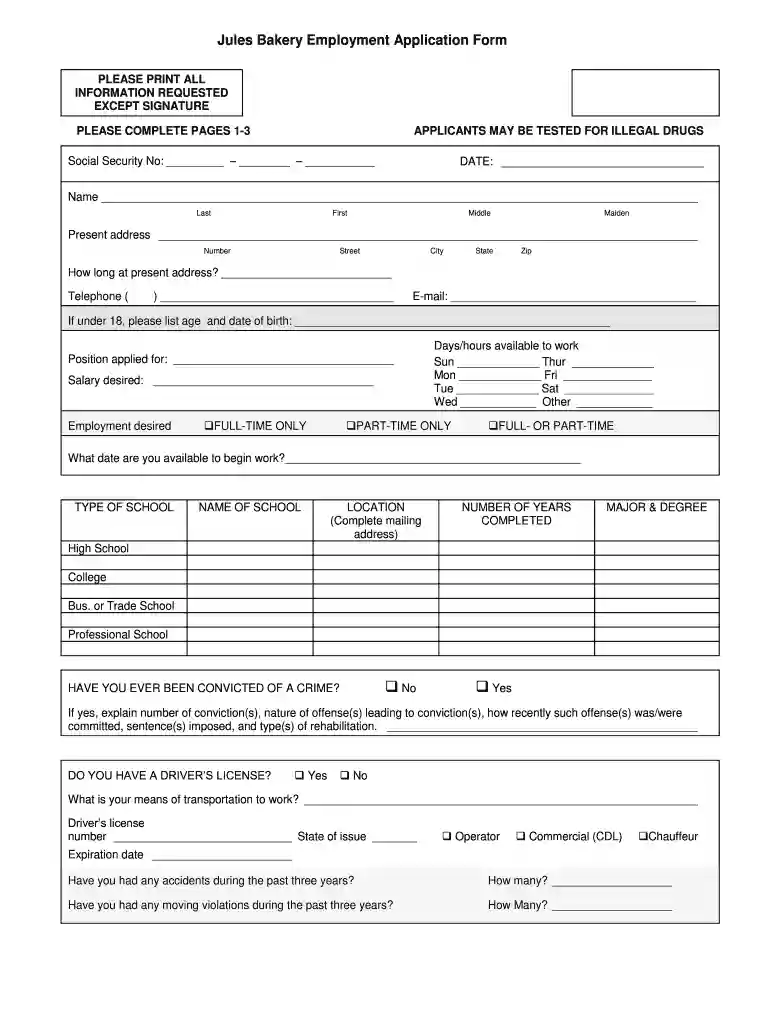 national bakery application form Preview on Page 1