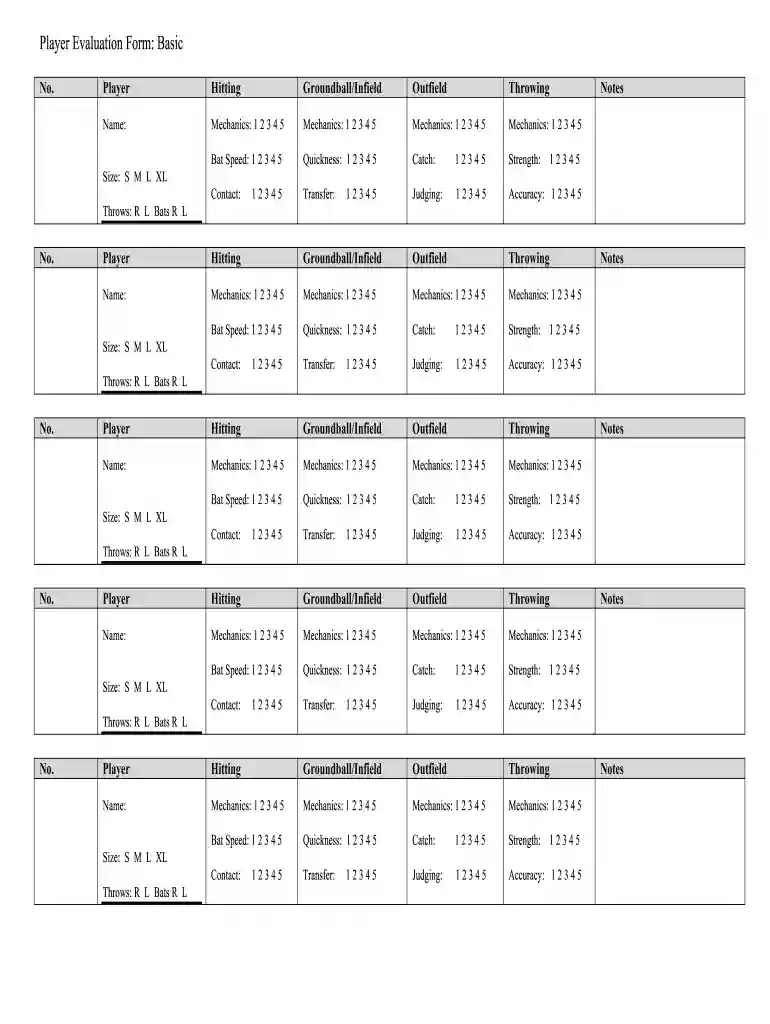 softball tryout evaluation form Preview on Page 1