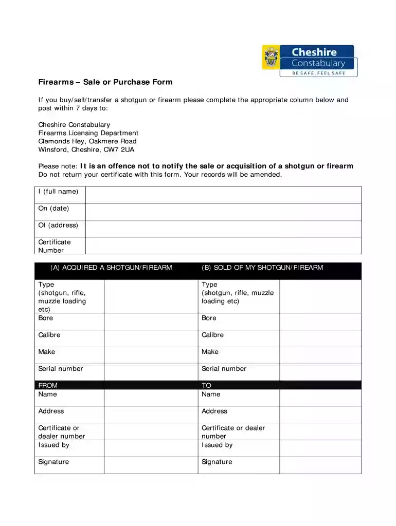 cheshire firearms transfer form Preview on Page 1