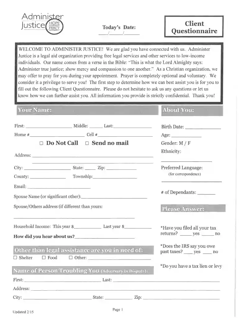 client questionnaire administer pdf Preview on Page 1