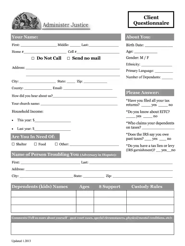 Client Questionnaire - Administer Justice - administerjustice Preview on Page 1