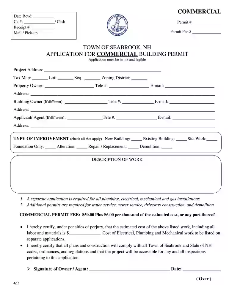 TOWN OF SEABROOK NH APPLICATION FOR COMMERCIAL BUILDING Preview on Page 1