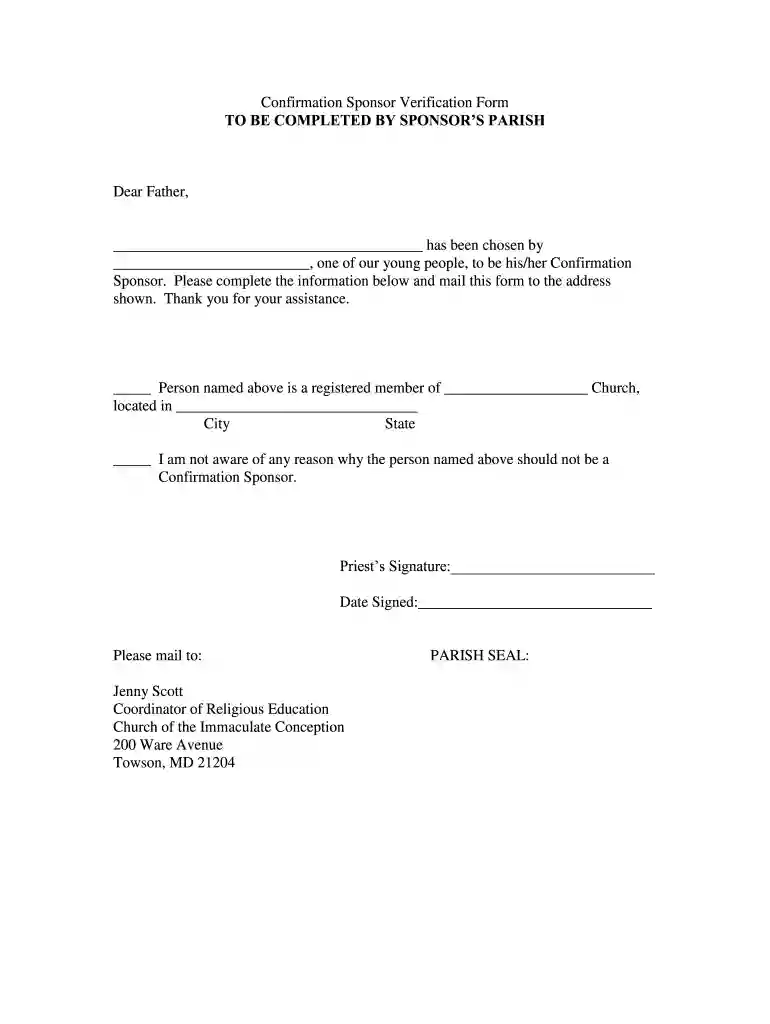 Confirmation Sponsor Verification Form TO BE COMPLETED BY - theimmaculate Preview on Page 1