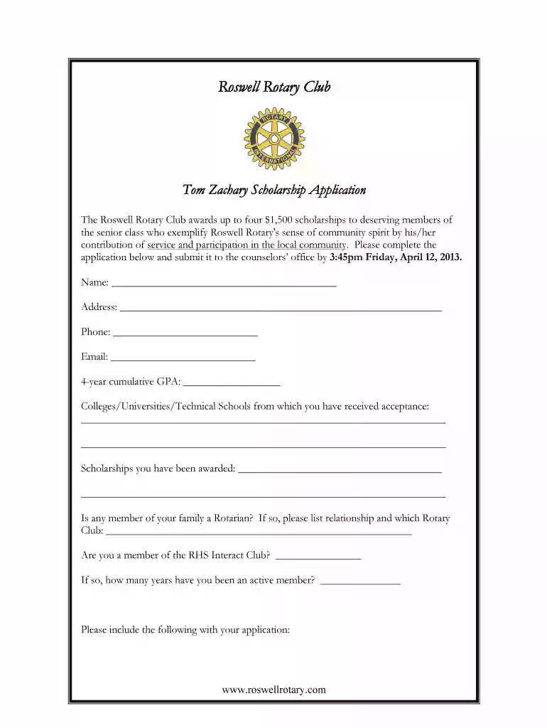 Roswell Rotary Tom Zachary Scholarship Application2013 Preview on Page 1