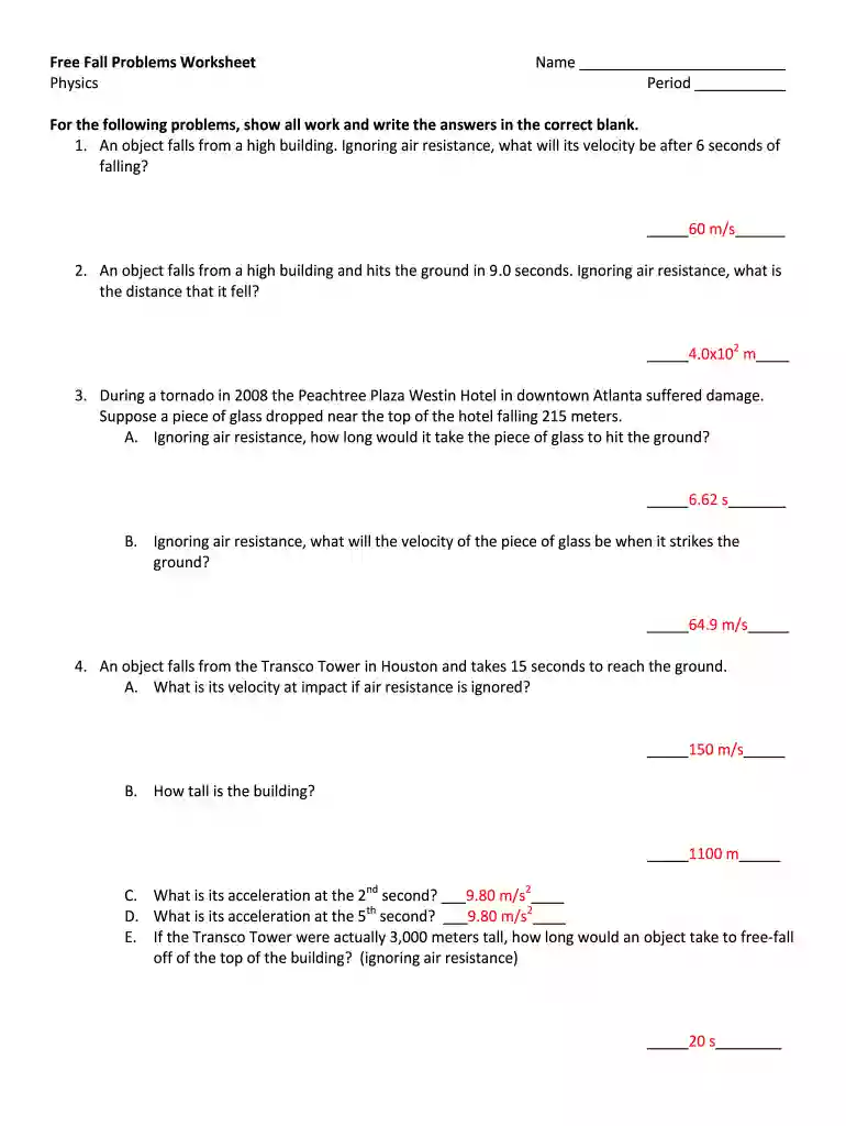 free fall problems worksheet Preview on Page 1