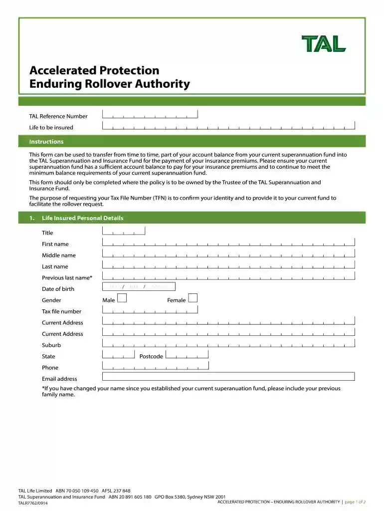 tal enduring rollover form Preview on Page 1
