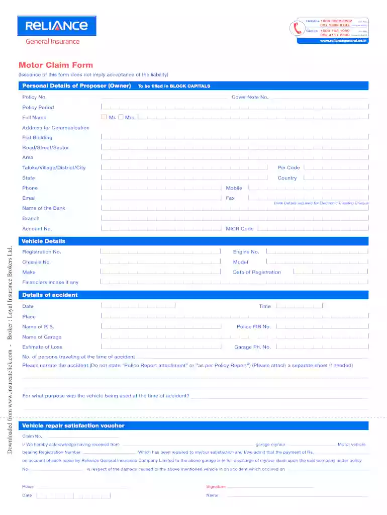 reliance motor claim form Preview on Page 1