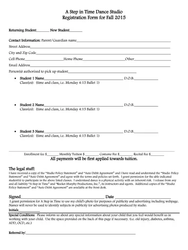 dance studio registration form Preview on Page 1