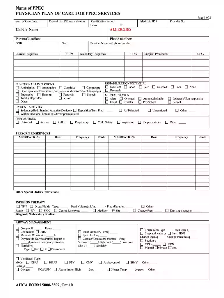 Name of PPEC PHYSICIAN PLAN OF CARE FOR PPEC Preview on Page 1
